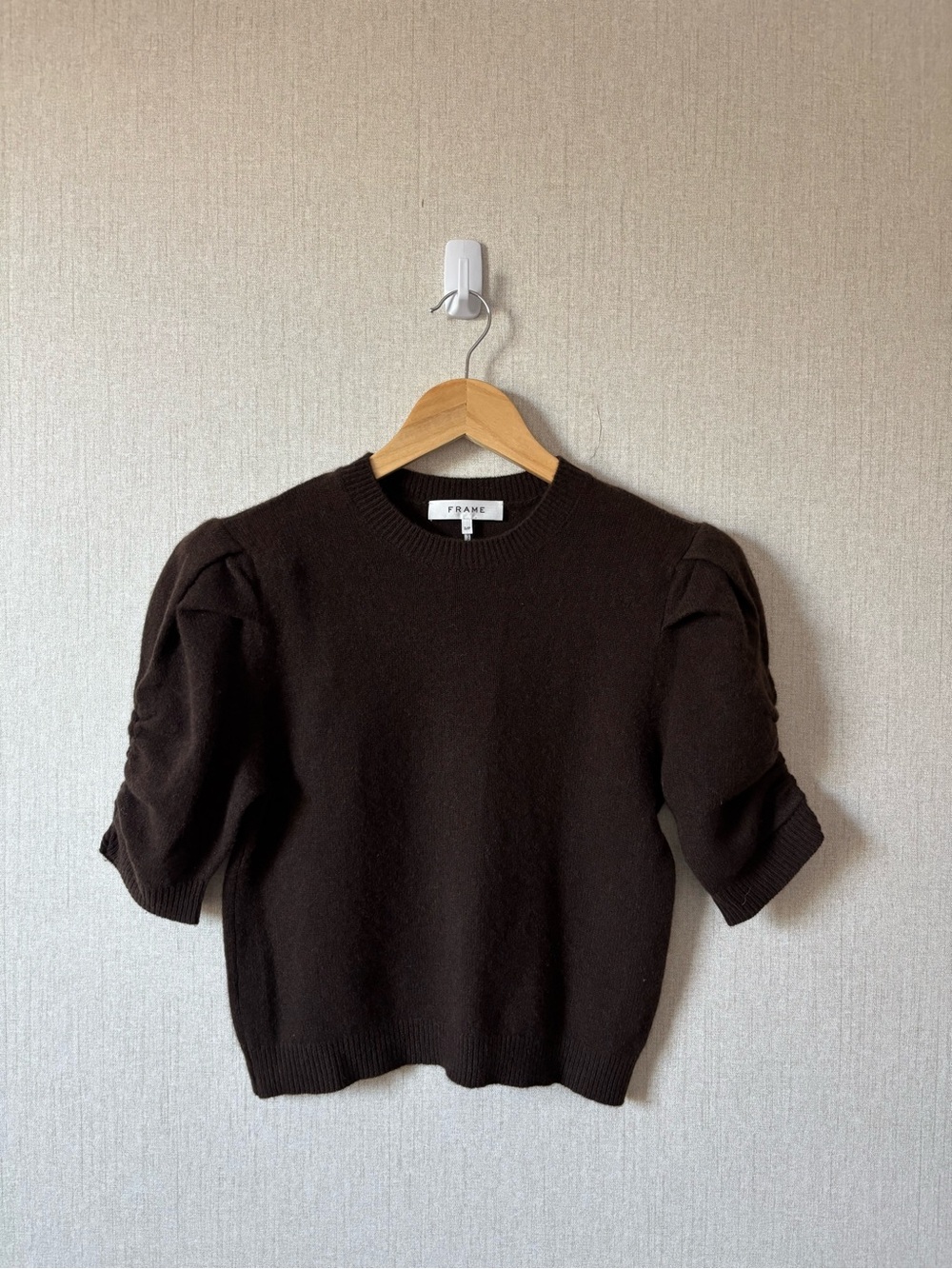 Frame Denim Puff Sleeve Crew Sweater in Dark Brown